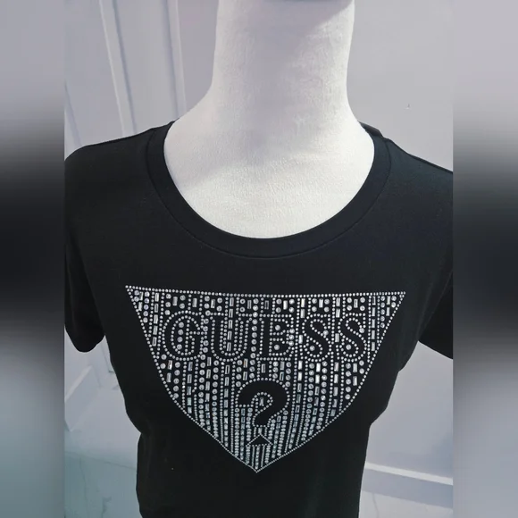 GUESS T-Shirt Women's Black Rhinestone Bling Triangle Logo Large NEW - Picture 4 of 13
